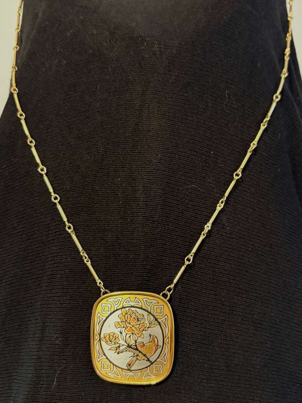 Vintage Reed & Barton Gold-Tone Enamel Floral and Bird Pendant Necklace